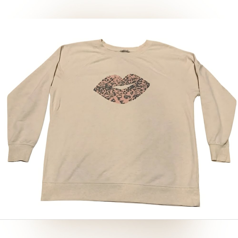 ​Wildfox Leopard Lips Oversized Sweatshirt Cream Graphic Pullover Comfy‎ L/XL
